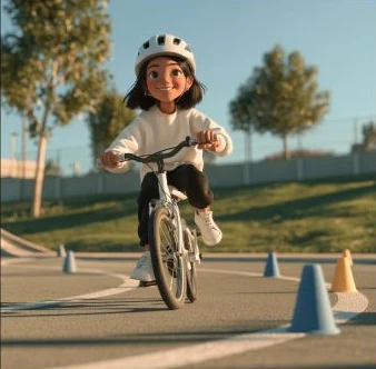 Illustrated child wearing a helmet and practising cycling between cones