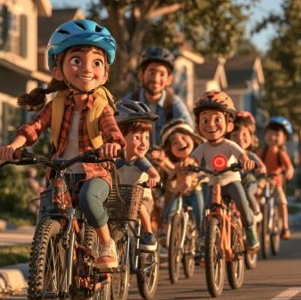 Illustrated children wearing helmets and enjoying a bike ride together
