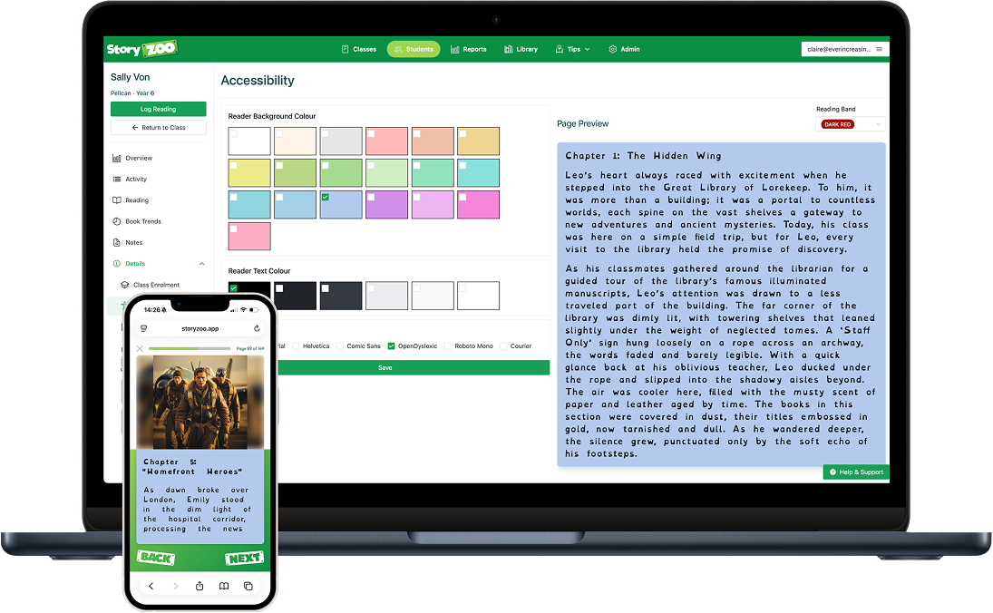 Story Zoo reading logs dashboard on laptop and book preview on mobile showing progress tracking