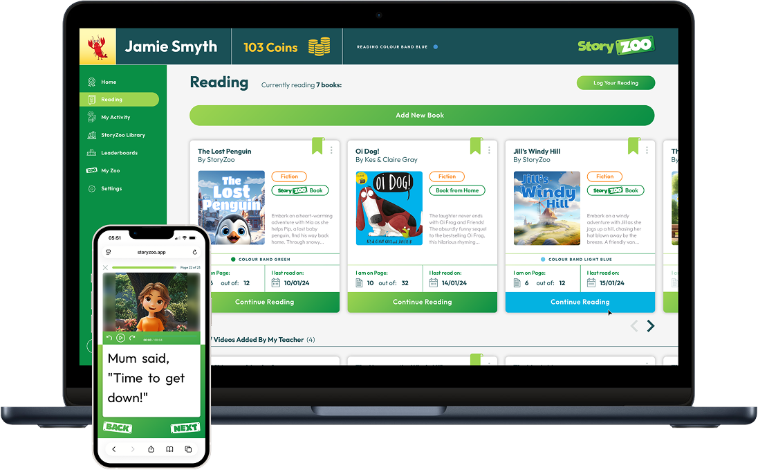 Story Zoo reading logs dashboard on laptop and book preview on mobile showing progress tracking