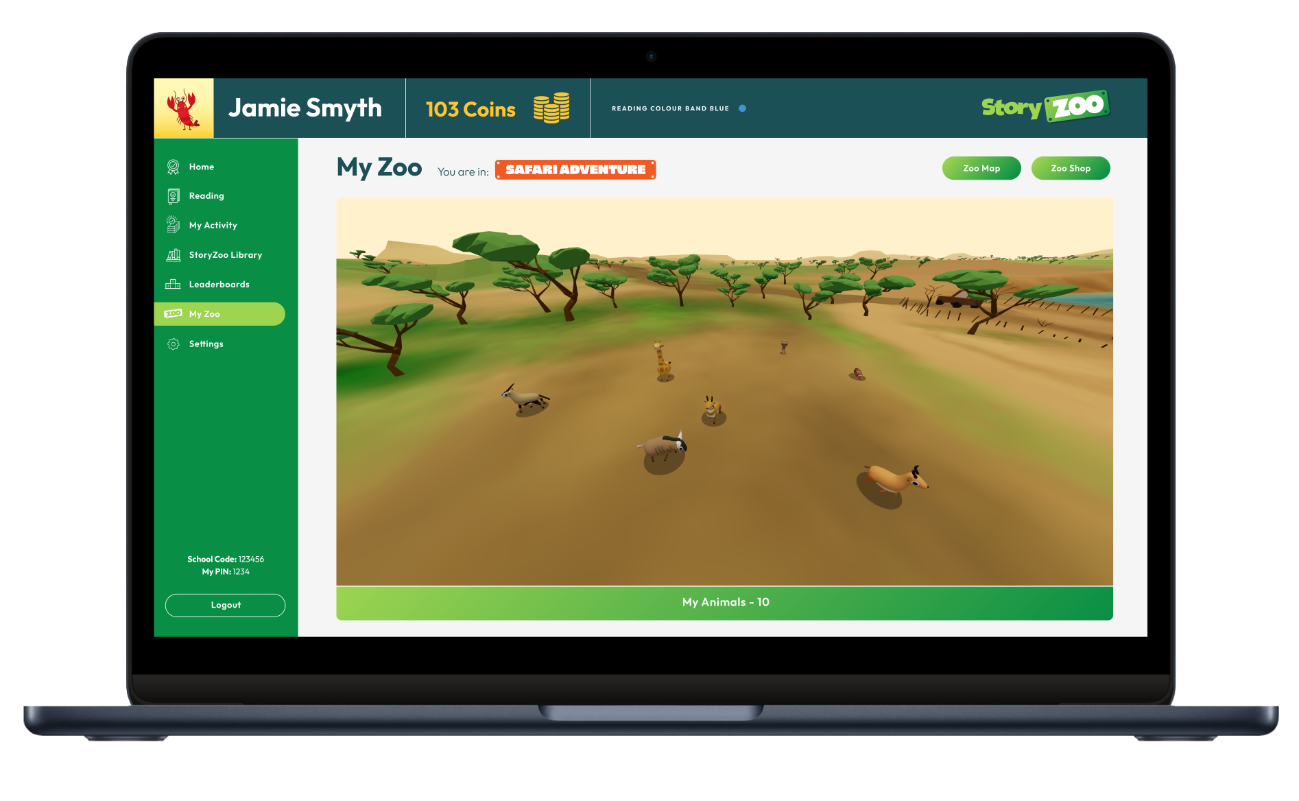 Story Zoo 3D Zoo Safari Adventure area on laptop showing interactive animal environment