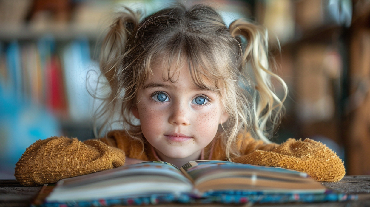 Child reading phonics book in classroom with warm light and soft focus