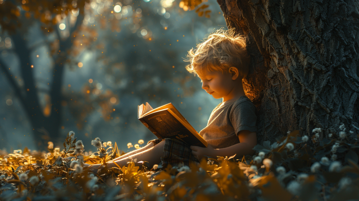 Child reading outdoors under oak tree in golden sunlight