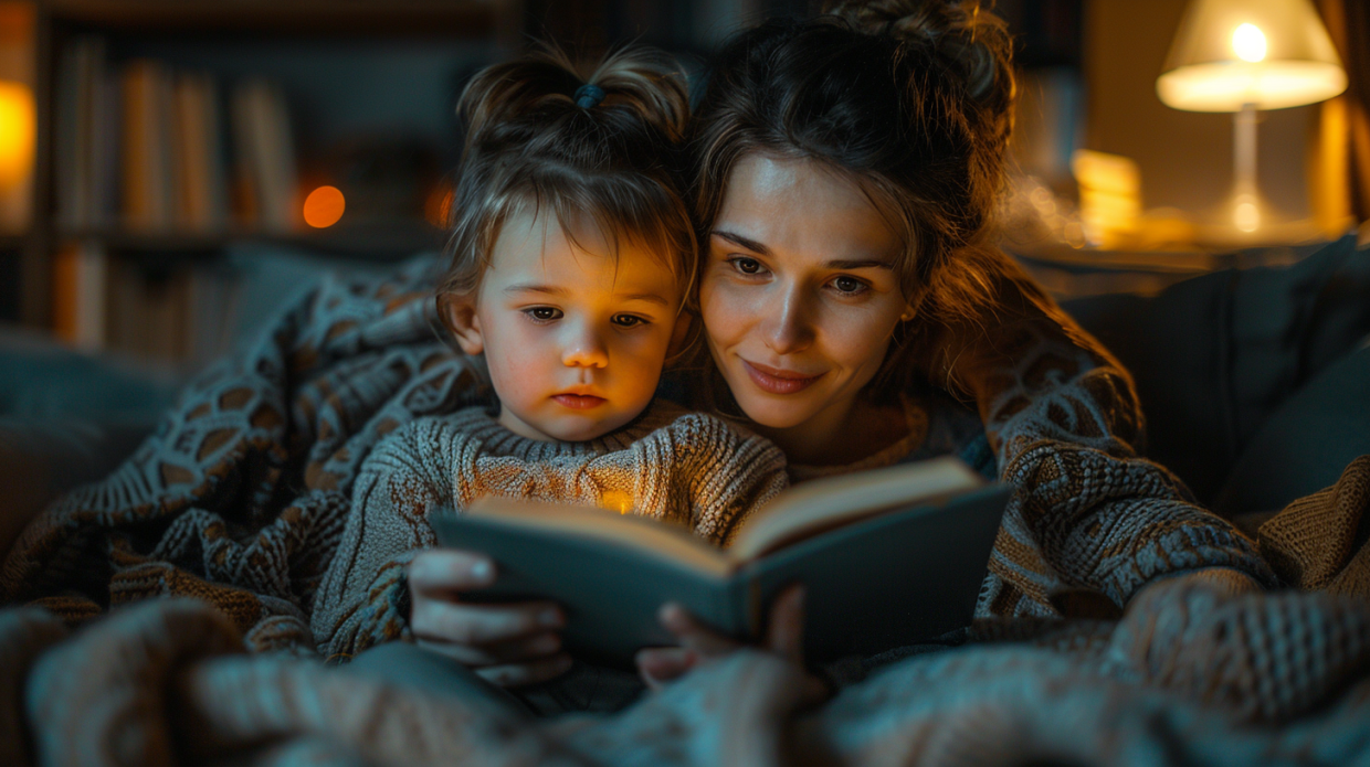 Parent reading bedtime story with young child under warm lamplight