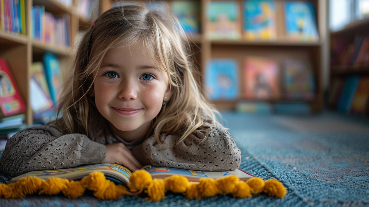 Children reading together in a bright classroom setting