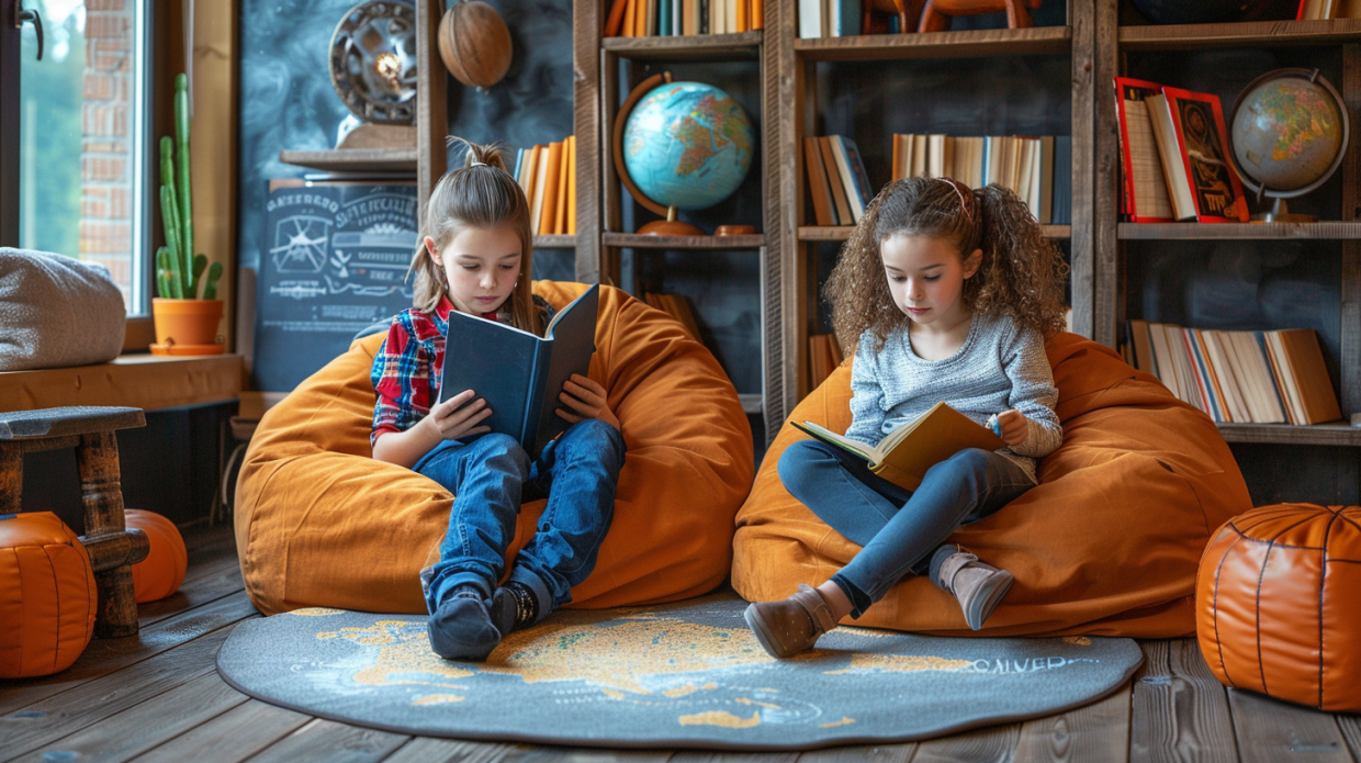Children reading adventure books in classroom reading corner