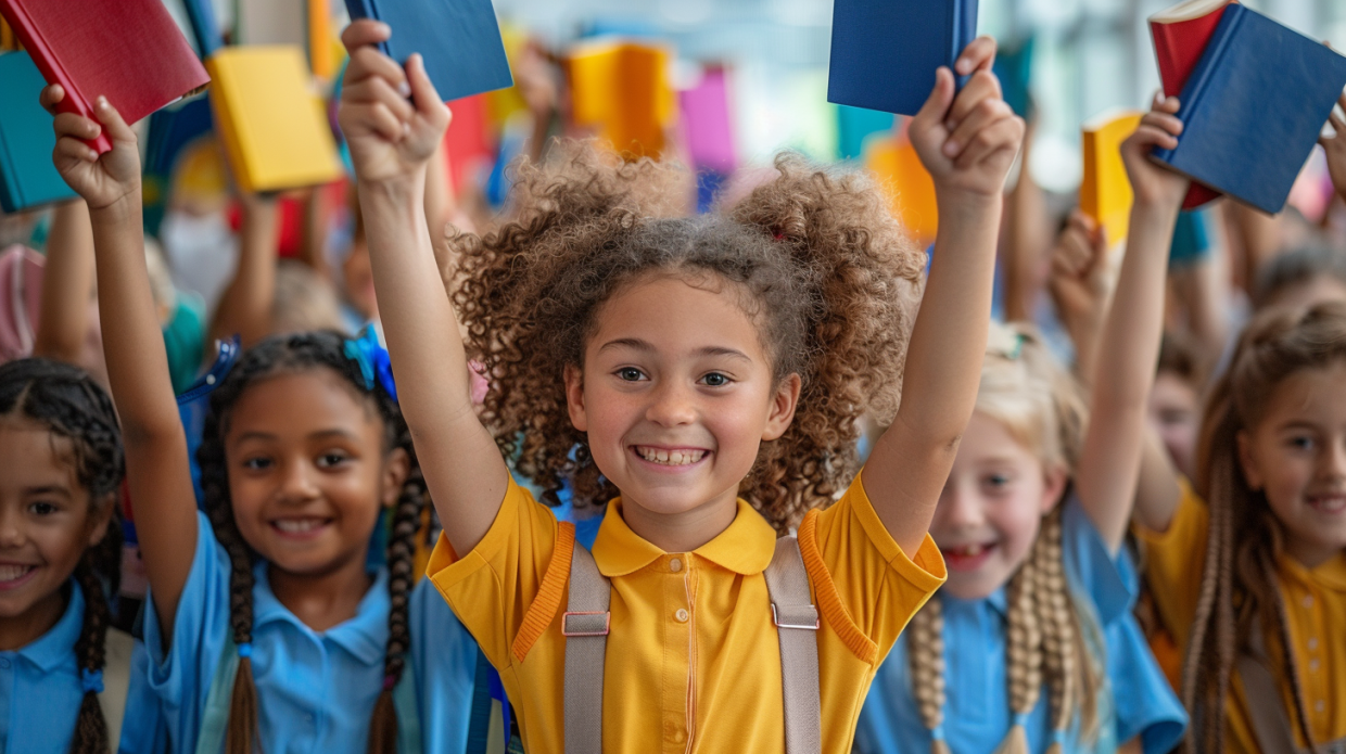 Children celebrating after completing reading challenge at school