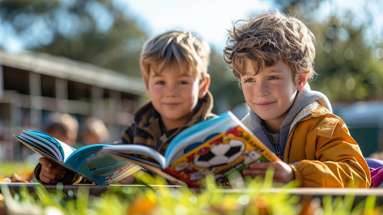 Children reading sports-themed books in a classroom