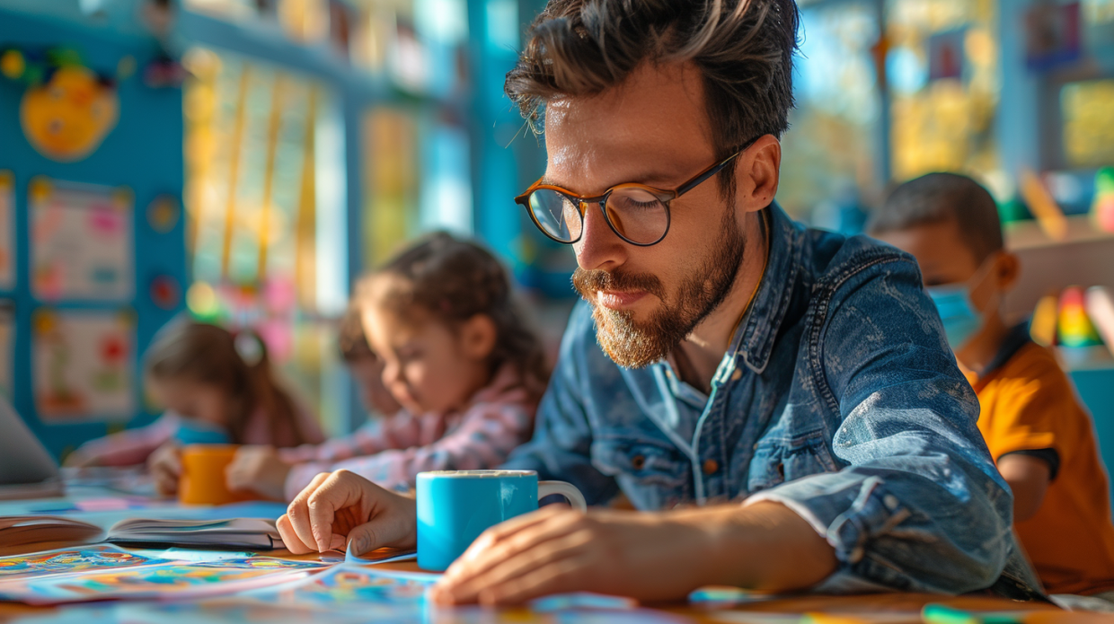 Teacher reviewing reading band comparison chart